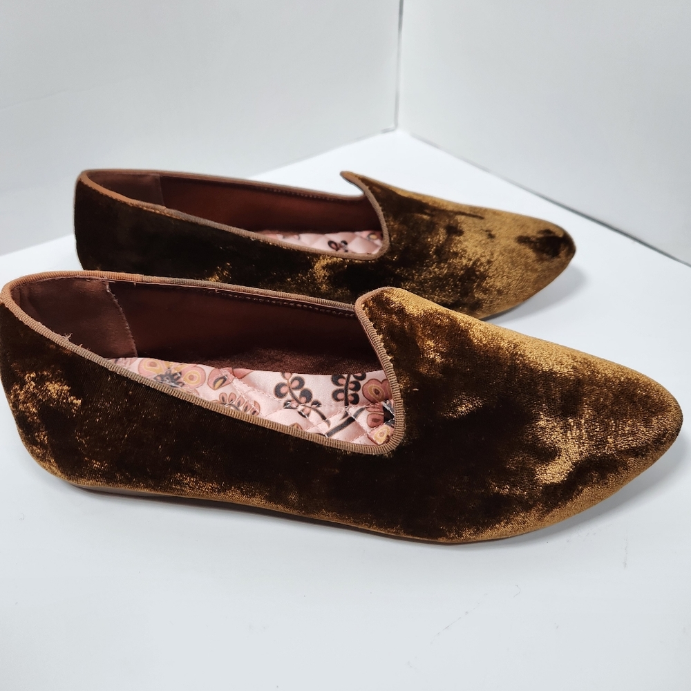 Birdies The Heron Gold Amber Velvet Plush Slip-On Flat Loafers Slippers Sz 9
